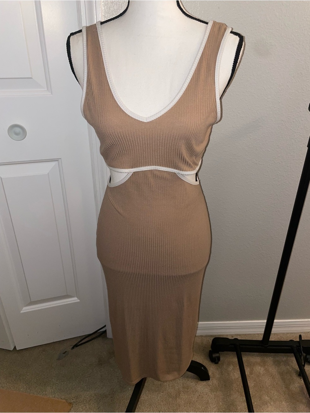 Caution To The Wind Tan Dress with side cut outs